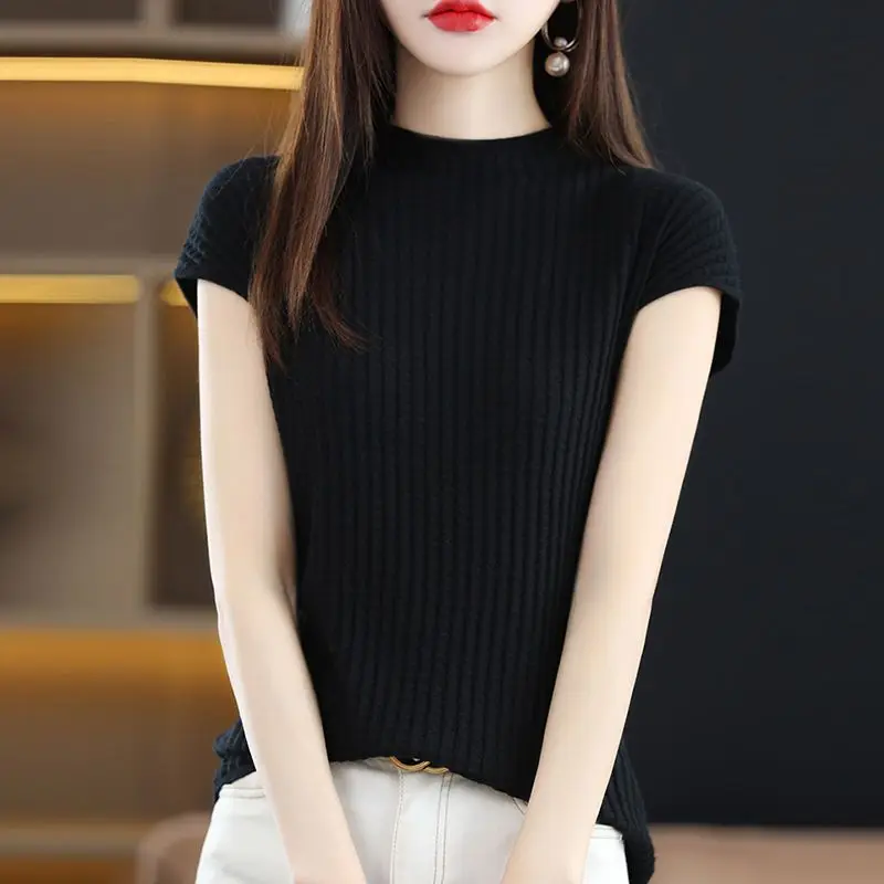 Vintage Half High Collar Women Short Sleeve Knitted T-shirt Spring Summer Versatile Pullover Bottoming Korean Fashion Casual Top