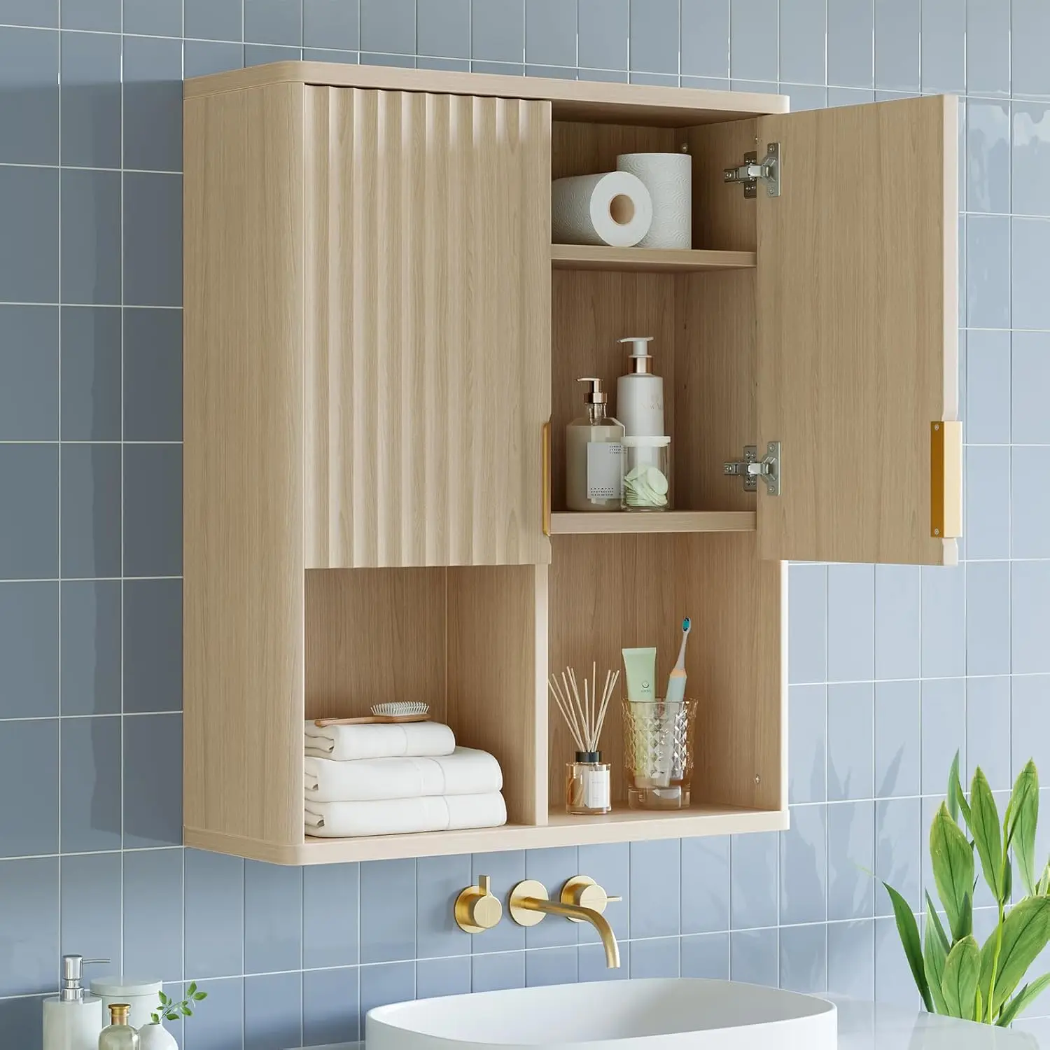 Fluted Wall Cabinet, 23x29 Inches, 2 Doors & Adjustable Shelves for Bathroom, Kitchen Storage