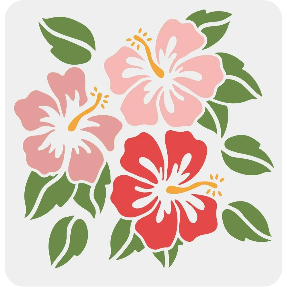 Hibiscus Flowers Stencil 11.8x11.8 inch Hawaii Flower Stencil Reusable Square Flowers Leaf Plant Washable DIY Stencil Template