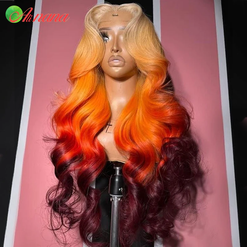 

Ombre 613 Orange Burgundy Colored Body Wave Remy Human Hair Wig For Black Women 13x6 Transparent Lace Frontal Wigs 180% Density