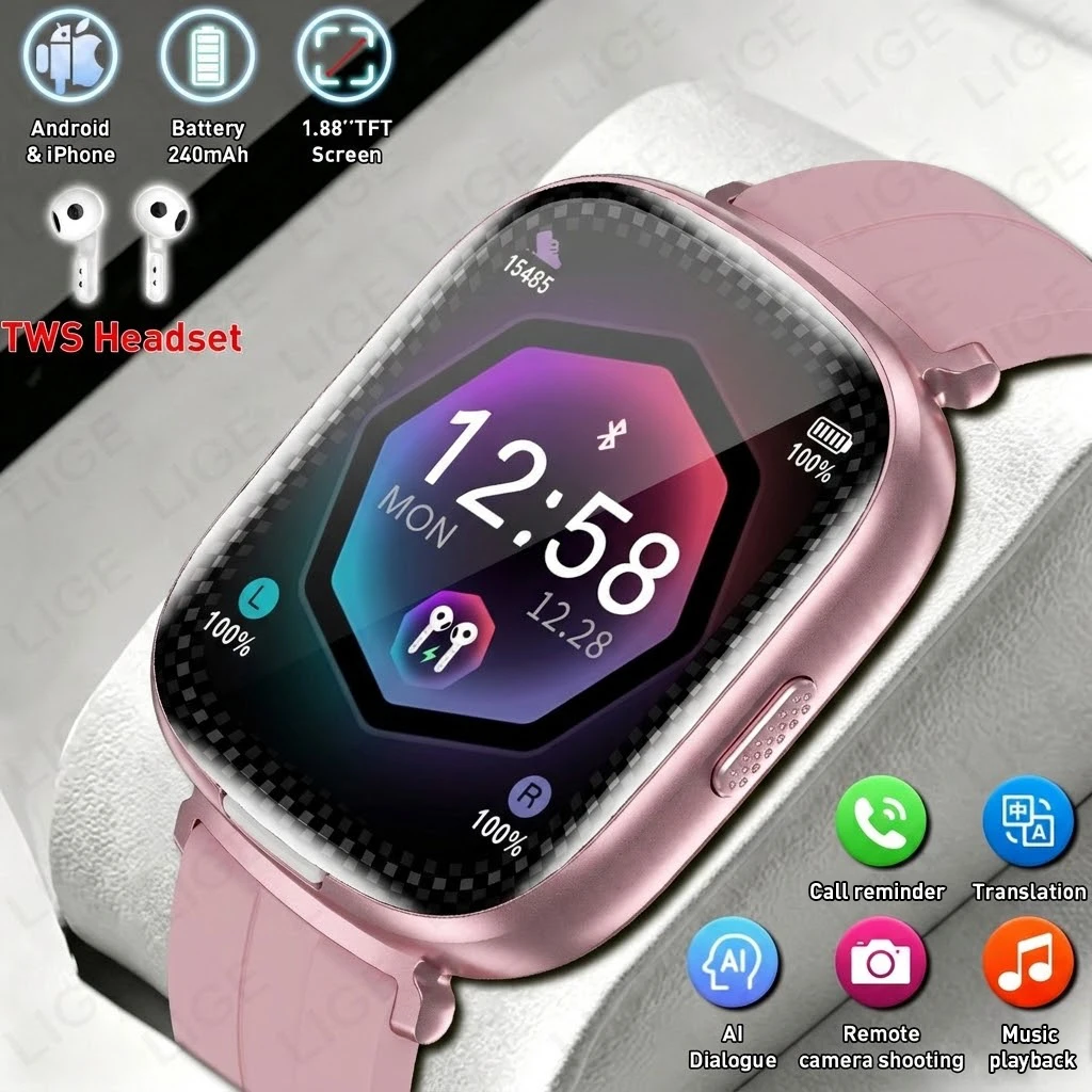LIGE New 2-in-1 Smart Watch Bluetooth Earbuds HD Stereo Sound Answer Call Voice Translation Fitness Tracker Smartwatch Men Women