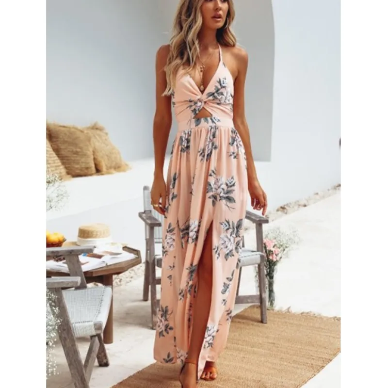 

New Summer Women's Casual Floral Print Halter Neck Hollow Fashion Waist High Slit Maxi Dress Beach Dresses