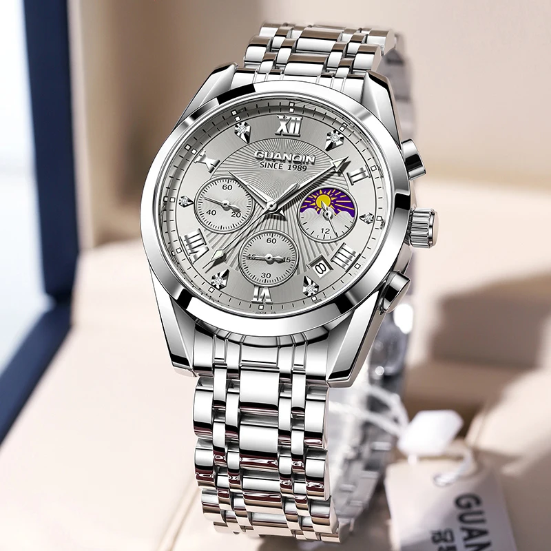 

GUANQIN Роскошные мужские кварцевые часы с хронографом, корпус из сплава, ремешок из нержавеющей стали, деловой отдых, 30 м, водонепроницаемые светящиеся часы