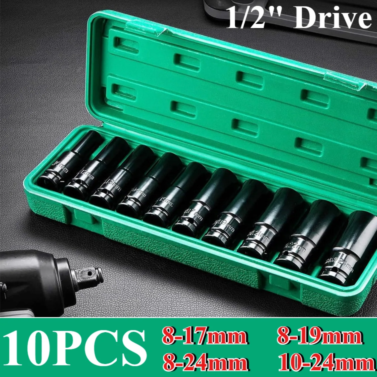 1/2Inch Drive 6-Point Impact Socket Set 10-Piece Metric Sizes 8-24m/10-24mm Carbon Steel Impact Socket Set with Hard Storage Box