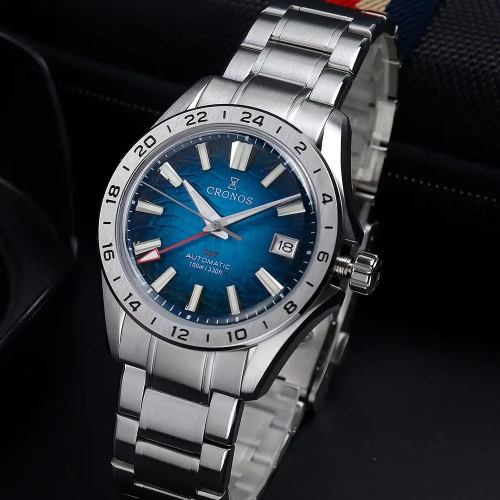 CRONOS Men Automatic Watch 39mm GMT Mechanical Wristwatch Sport Sapphire Mirror Diver 10ATM Waterproof BGW-9 Luminous NH34