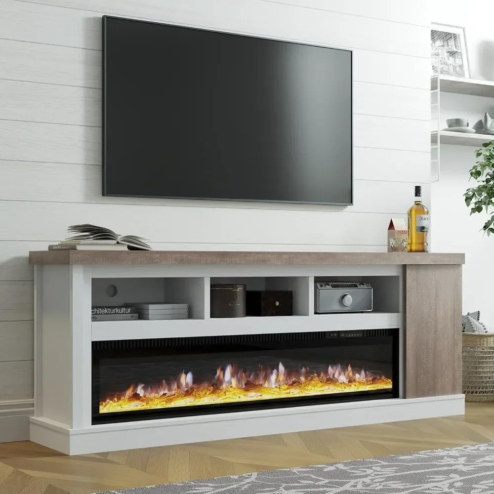 75” Fireplace TV Stand with 60” Electric Fireplace, Chunky Entertainment Center with Wood Grain, Color Clash Entertainment Stand