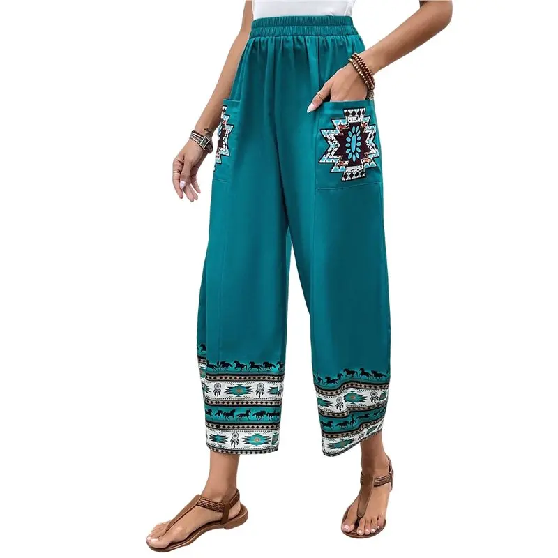 NEW-Women's High Waisted Wide Leg Pants Print Fringe Elastic Waist Casual Summer Trousers