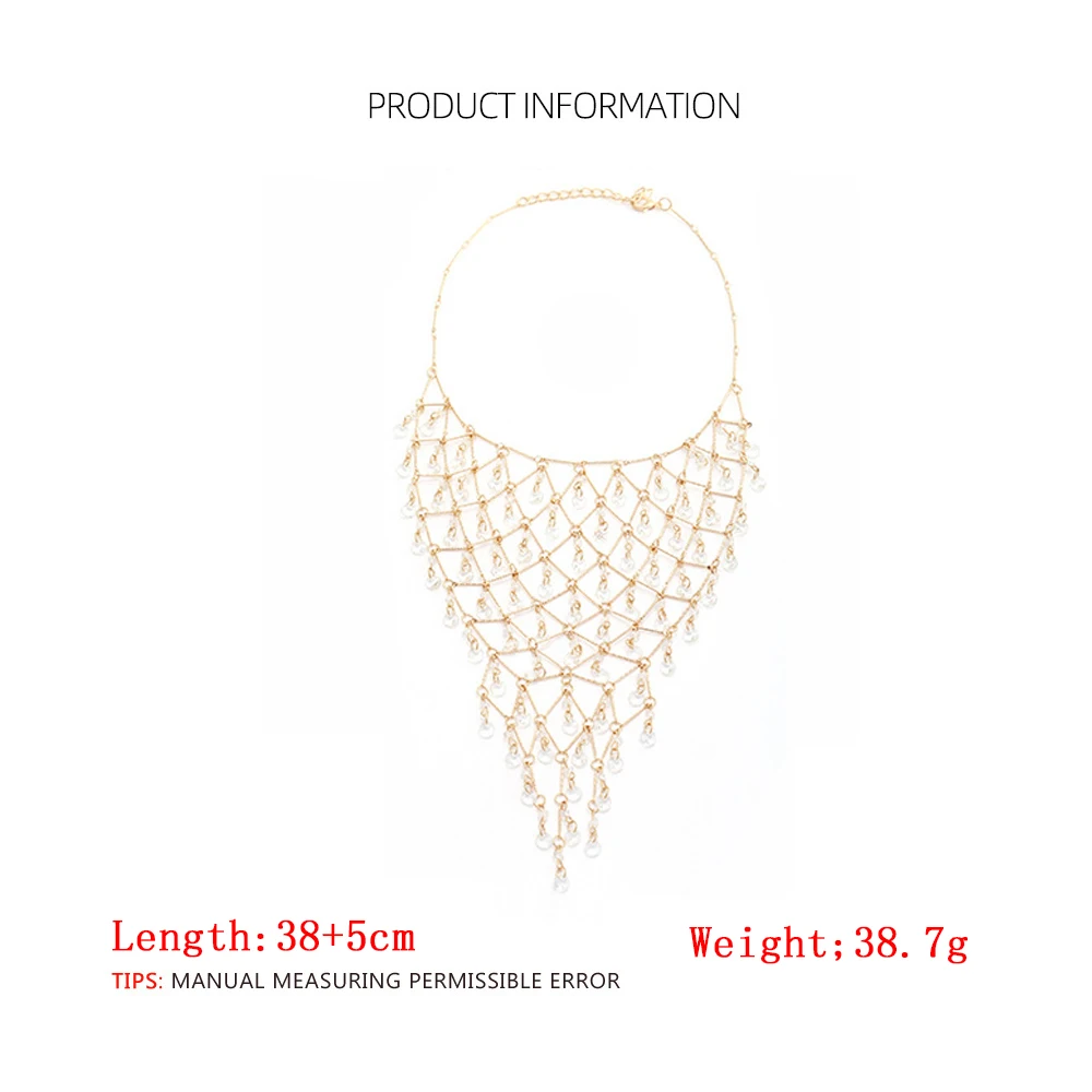 Luxury Gold Mesh Clear Crystal Tassel Necklace for Women Statement Neck Jewelry Wedding Evening Party Accessories