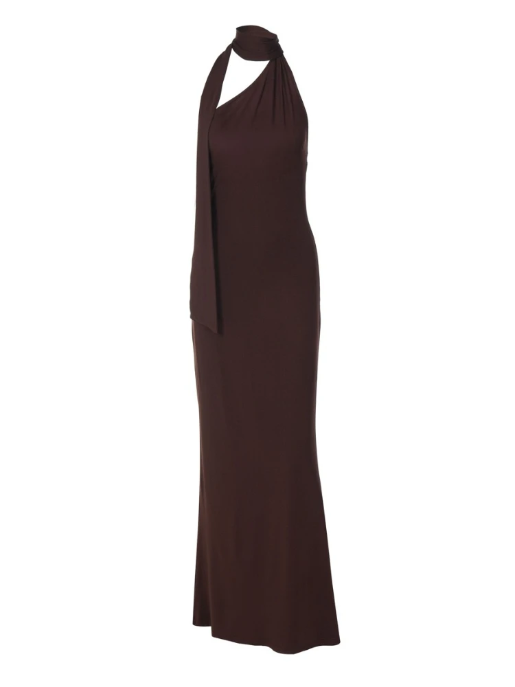 セクシーなワンショルダーマキシドレス、女性用エレガントなブラウンのホルターネック、ノースリーブ、バックレス、スリムなボディコンロングガウン、イブニングパーティーウェアに