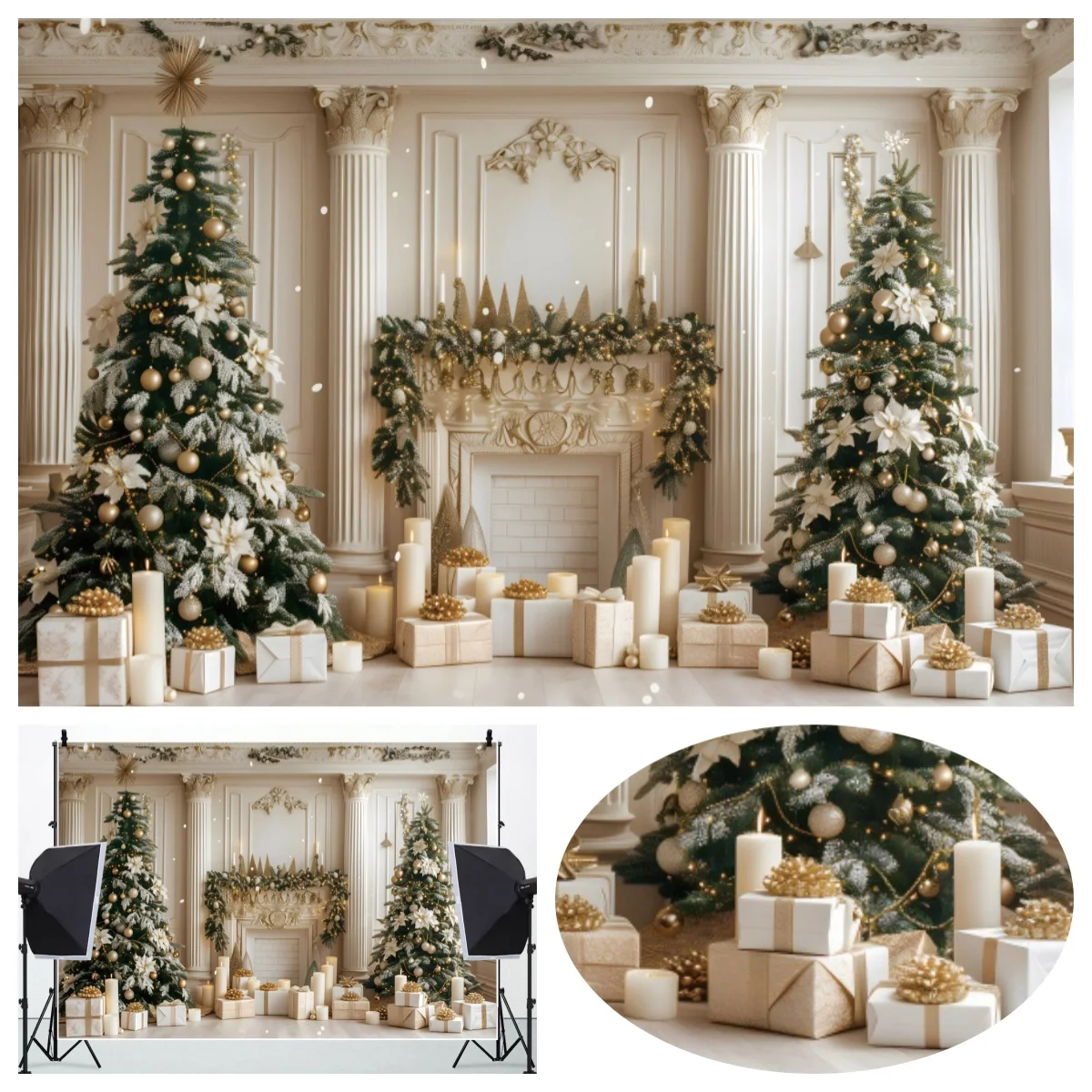 Christmas Palace Fireplace Scene Photography Backdrops Christmas Tree Gifts Adults Kids Portrait Family Party Photo Background