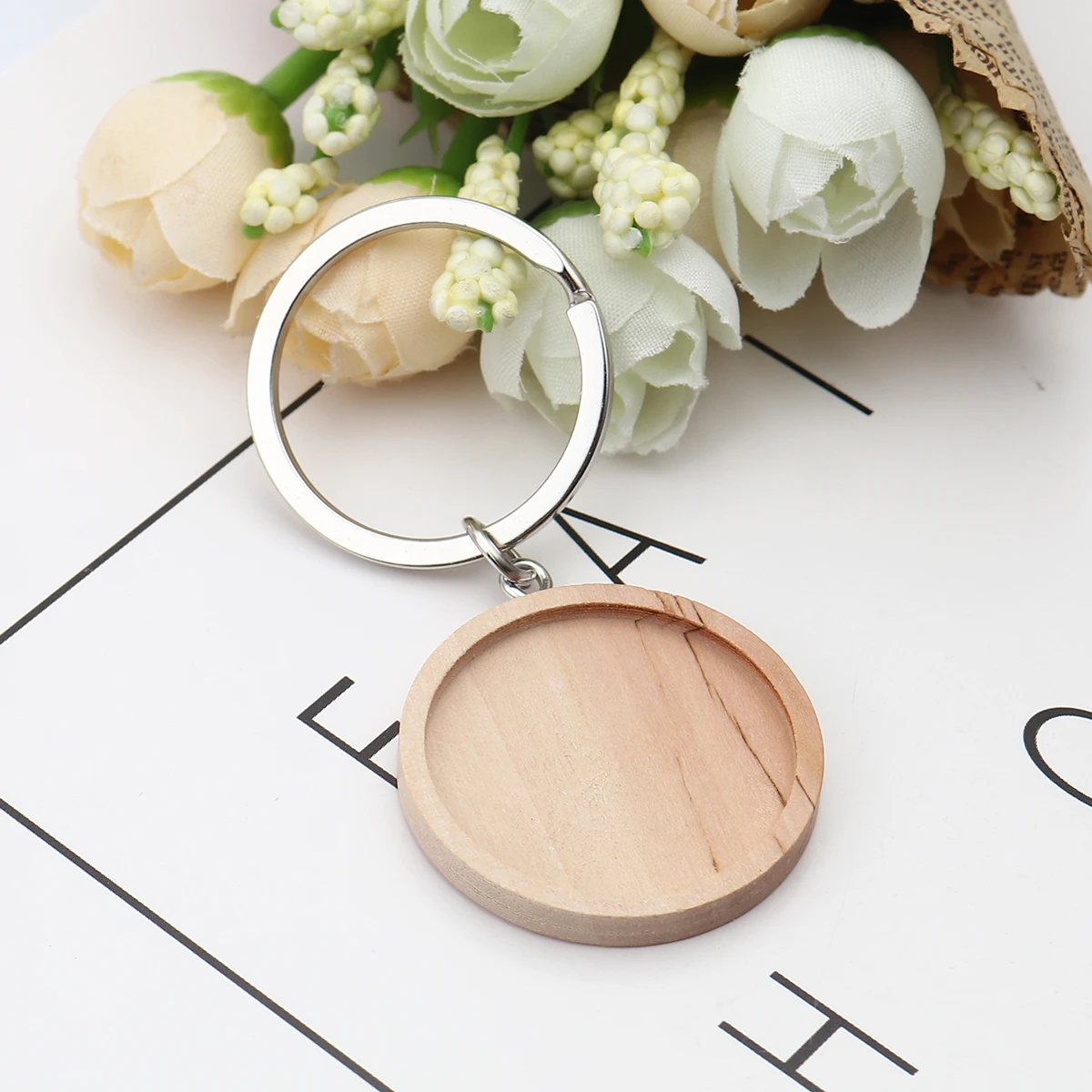 

1pc 3.2cm Wood Cabochon Stainless Steel Keychain Base Settings Diy Blank Wooden Cameo Trays For Key Chain Jewelry Making