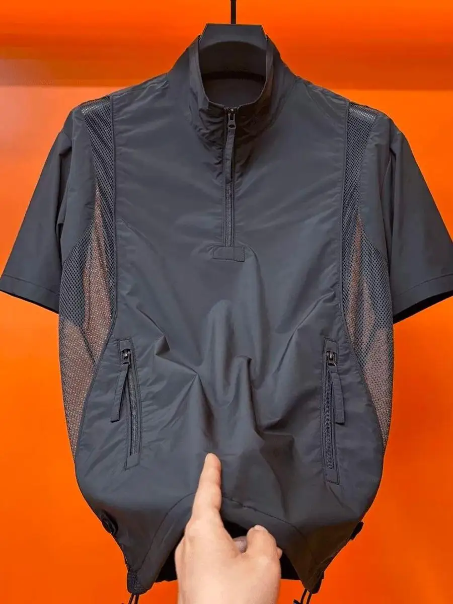 

Summer Loose Fit Half Zip Short Sleeve T-Shirt Men's Casual Style Pure Color Patchwork Turn-down Collar Polyester Fiber