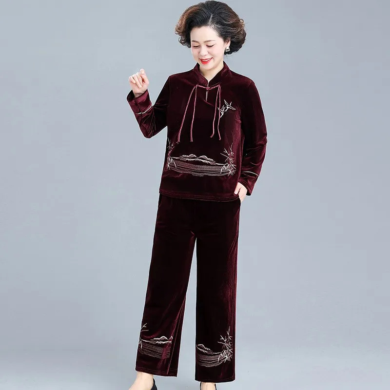 

Fashion Autumn New Embroidery Casual Suit Middle-Aged Mother Wear Loose Gold Velvet Two-Piece Set Womens Outifits