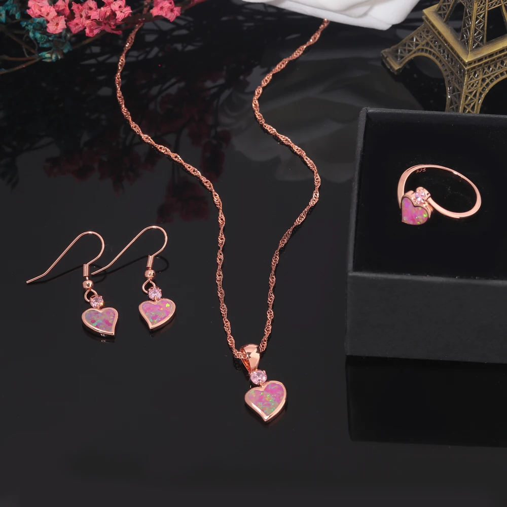 

CiNily Pink Fire Opal Jewelry Sets Rose Gold Plated Heart Shaped Pendant Necklace & Drop Earrings & Rings Best Gifts for Women