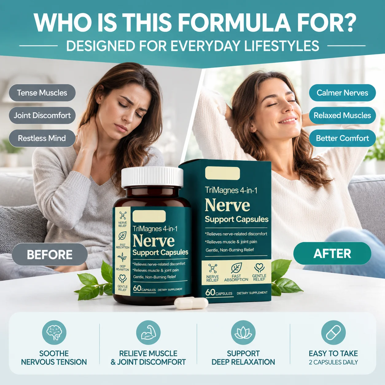 4-in-1 Magnesium Nerve Support Capsules relieve muscle tension with Citrate Glycinate Malate & Turmeric Extract 60 capusues