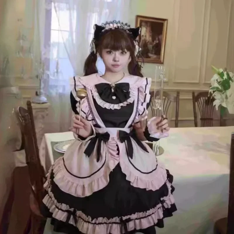 New Japanese Lolita Black Pink Maid Costume Cosplay Sweet Girl Cute Cat Bow Soft Girl Set