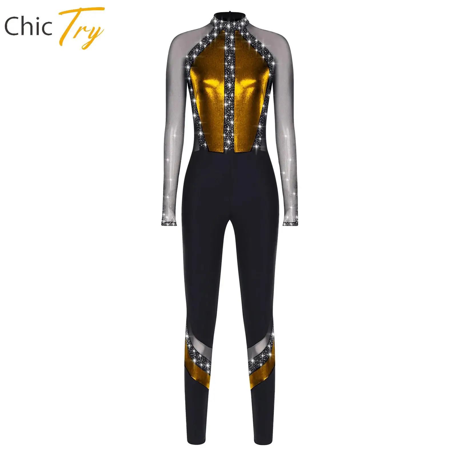 

Figure Ice Skating Dance Jumpsuit for Women Shiny Rhinestones Ballet Dance Gymnastics Leotard Costume Full Body Leotard Bodysuit