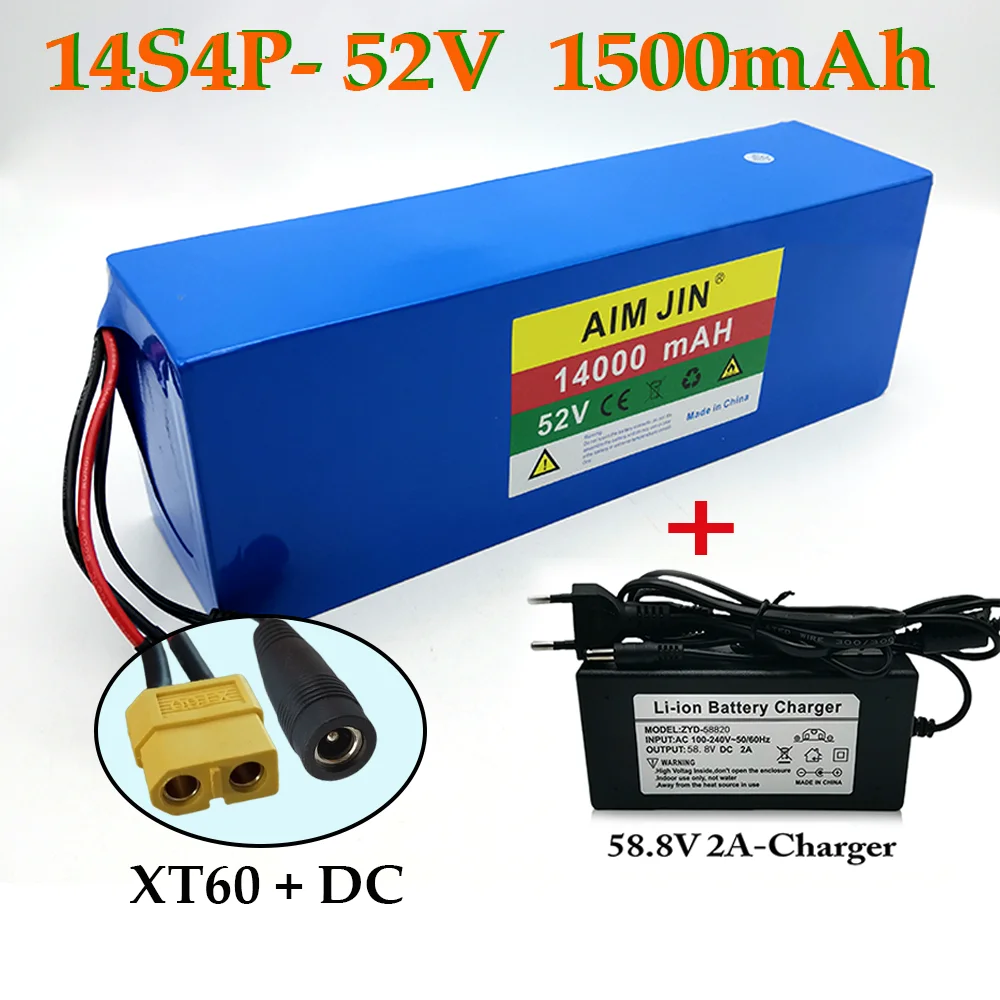 

18650 lithium battery pack 14S4P 1500W high-power 52V 14Ah electric bicycle scooter electric vehicle battery +58.8V 2A charger