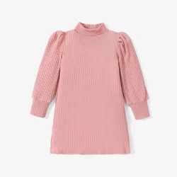 PatPat Toddler Girl Solid Color Mock Neck Waffle Long Puff-sleeve Dress Perfect for Outings and Daily Wear Basic Style