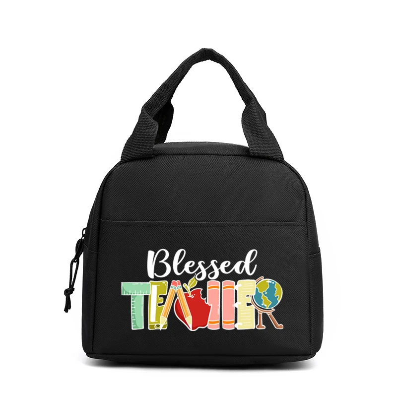 Blessed Teacher Print Women Men Lunch Bag Fashion Apple Pencil Globe Przenośne torby izolowane Szkolna wielofunkcyjna torebka na żywność