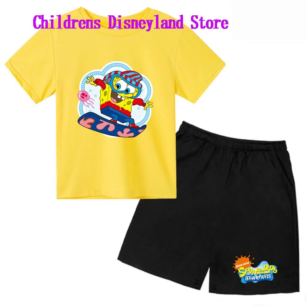 Spongebob Squarepants Spring And Autumn Children's Wear Boys And Girls T-shirt Set 2-piece Anime t shirt Sportswear Shorts boys