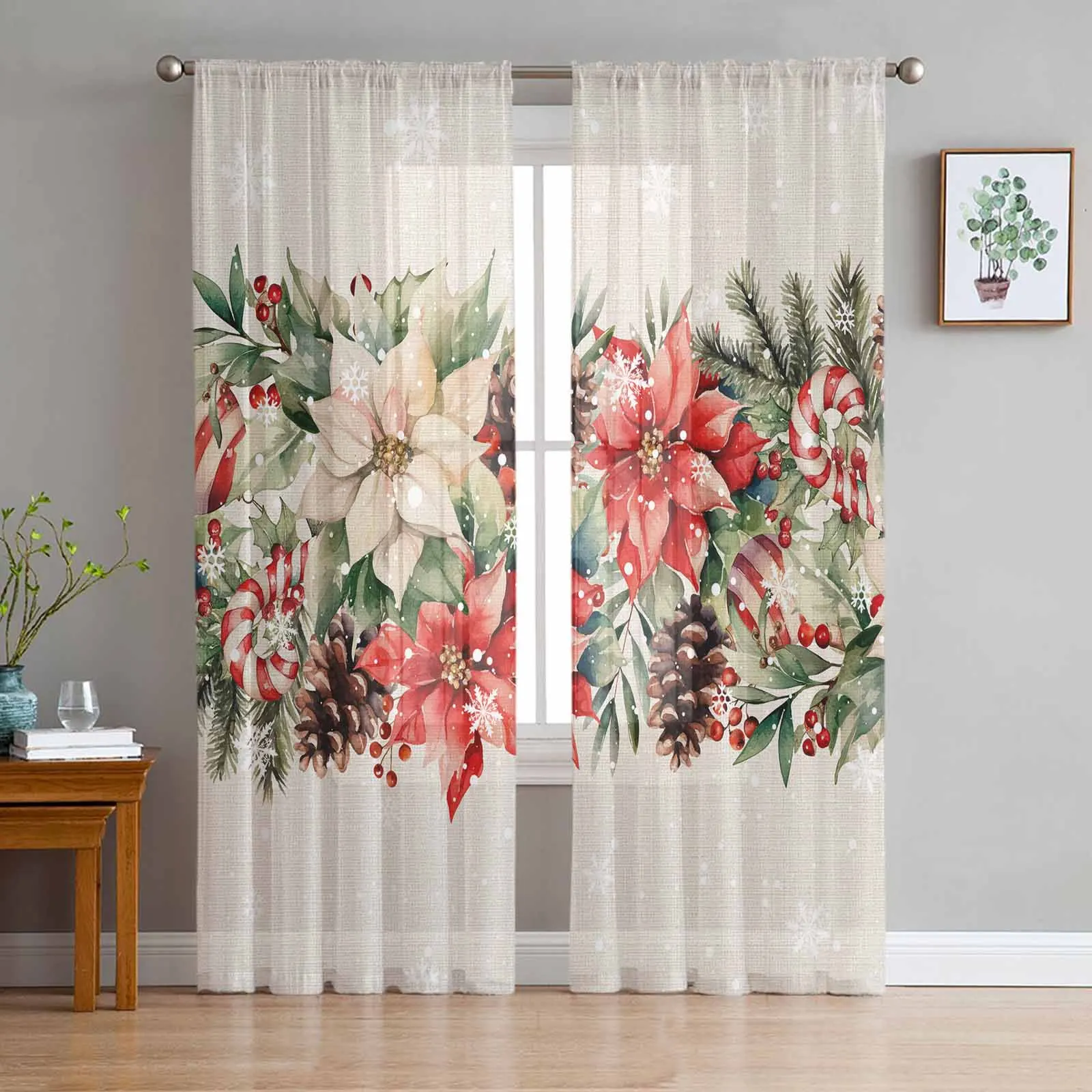 Christmas Poinsettia Berries Cedar Leaves Pine Cones Sheer Curtains Room Decoration Window Curtains Kitchen Tulle Voile Curtains