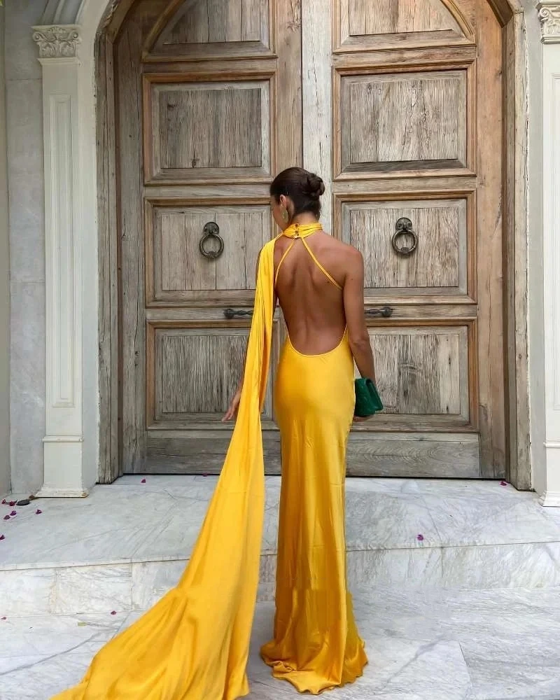 Vestido simples sereia cetim de seda amarelo, Vestido sem mangas com escamas, Vestido sexy sem costas, Vestidos de baile árabe saudita, Vestido de praia