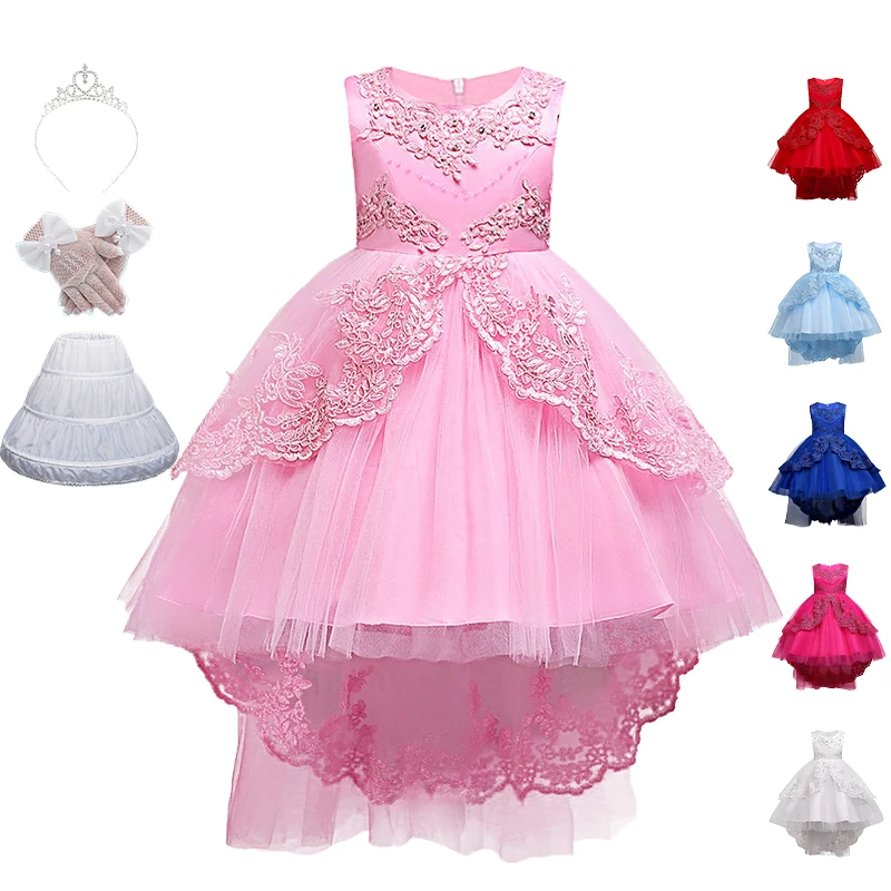 Formal Lace Embroidery Flower Girls Bridesmaid Floor Length Wedding Dresses Ceremony Children Tail Tulle Birthday Party Clothes