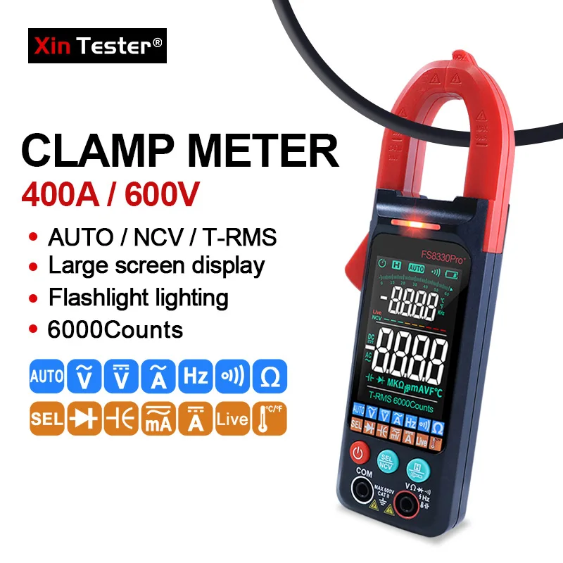 Xin Tester Digital AC/DC Current Ampere Clamp Meter 6000 Count 400A Multimeter Large Color Screen Voltage Tester NCV Measurement