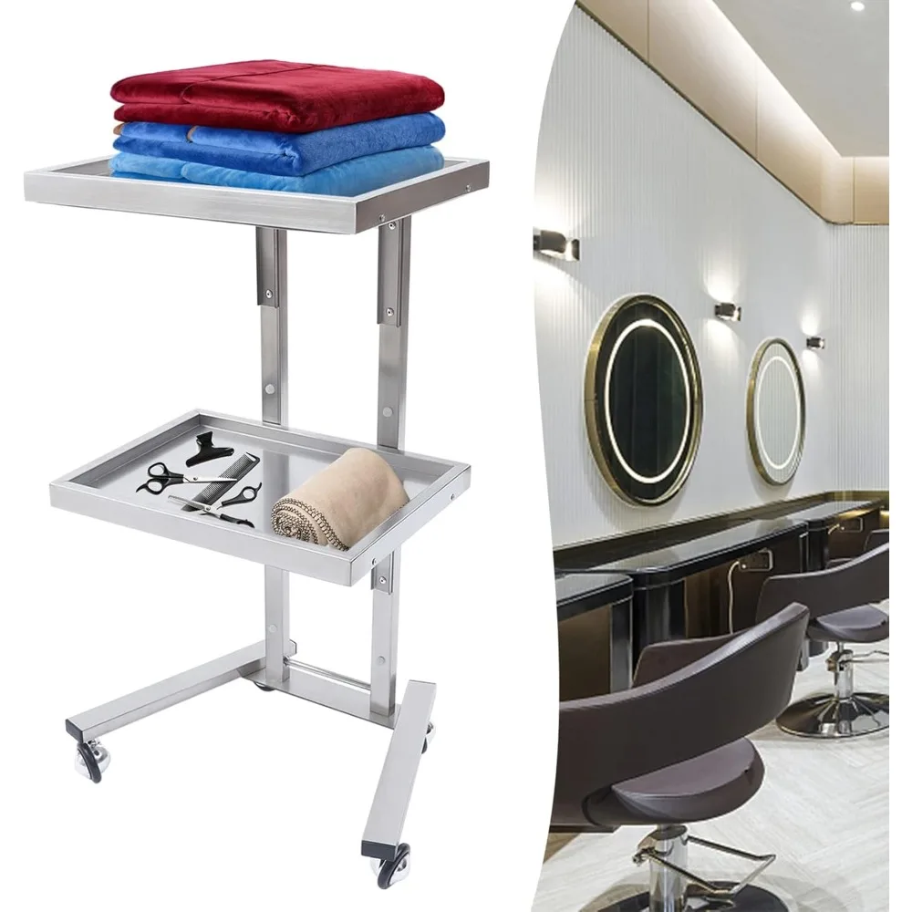 عربة عربة صالون التجميل TFCFL ذات طبقتين على عجلات، عربة دوارة معدنية، حامل تخزين صالونات التجميل بعجلات 360 درجة °   معدات أداة المتداول