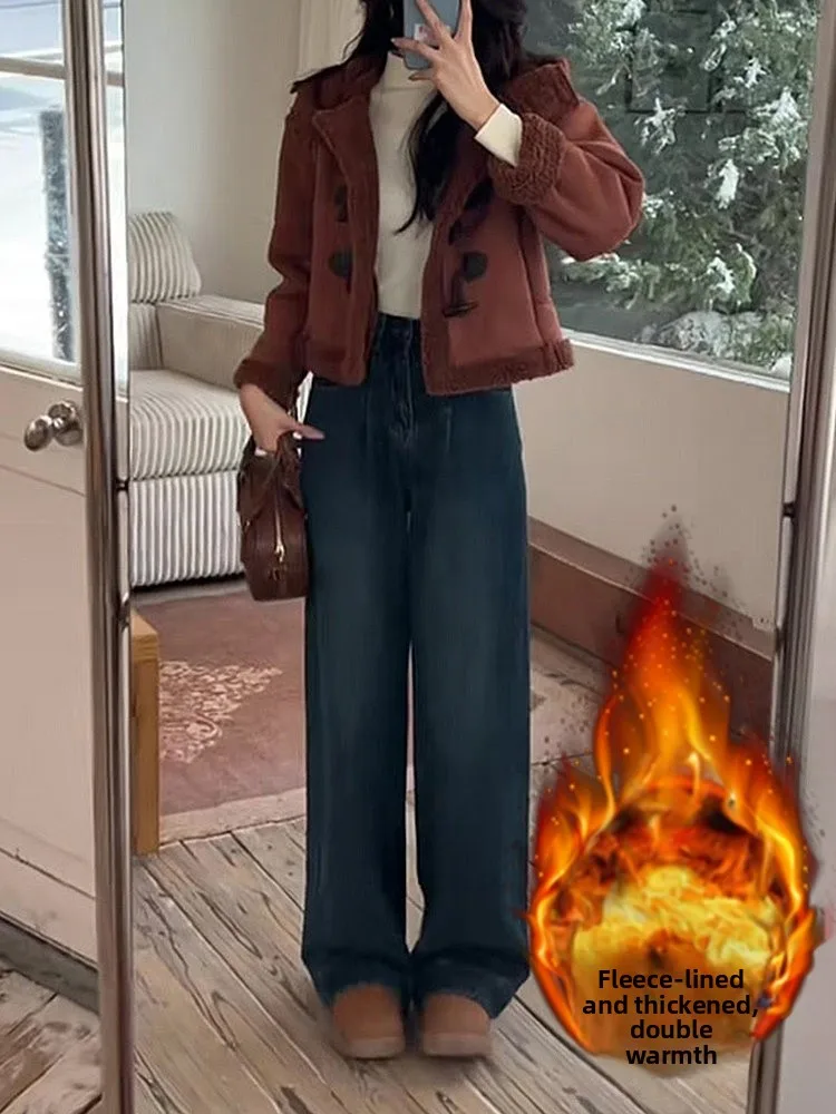 

Fleece Lined Thick Wide Leg Jeans Women Winter New plus Size Flattering High Waist Loose Slimming Drapey Straight Cut Trousers