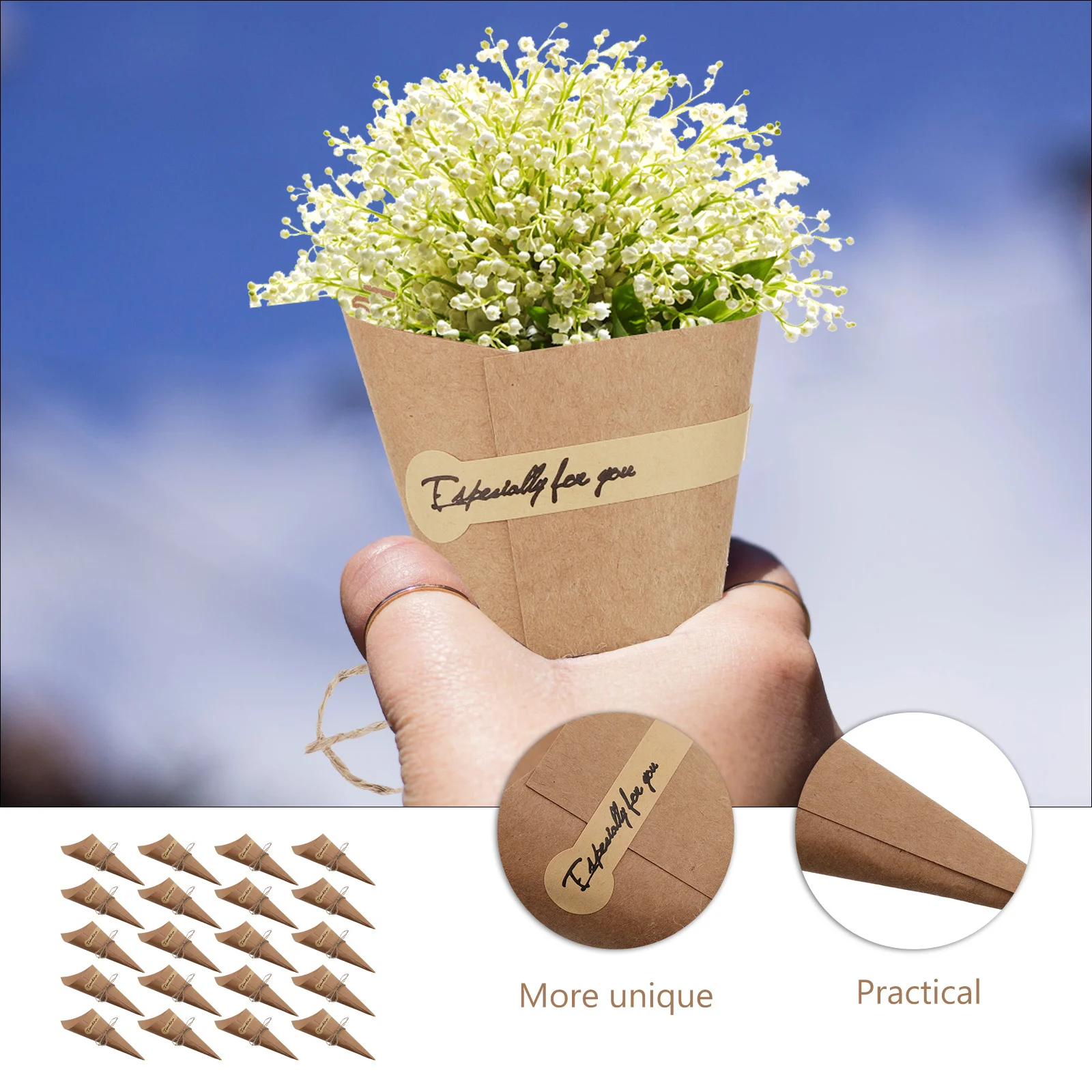 50pcs Paper Cones Kraft Food Cones For Candy Ice Cream Serving Tasting Flower Hemp Rope Wedding Cafe Outdoor Event Use