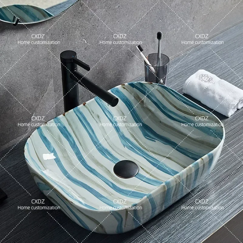 Small Ceramic Art Basin Single Countertop Washbasin for Bathroom Balcony Household Sink Colorful Table Top Wash Basin