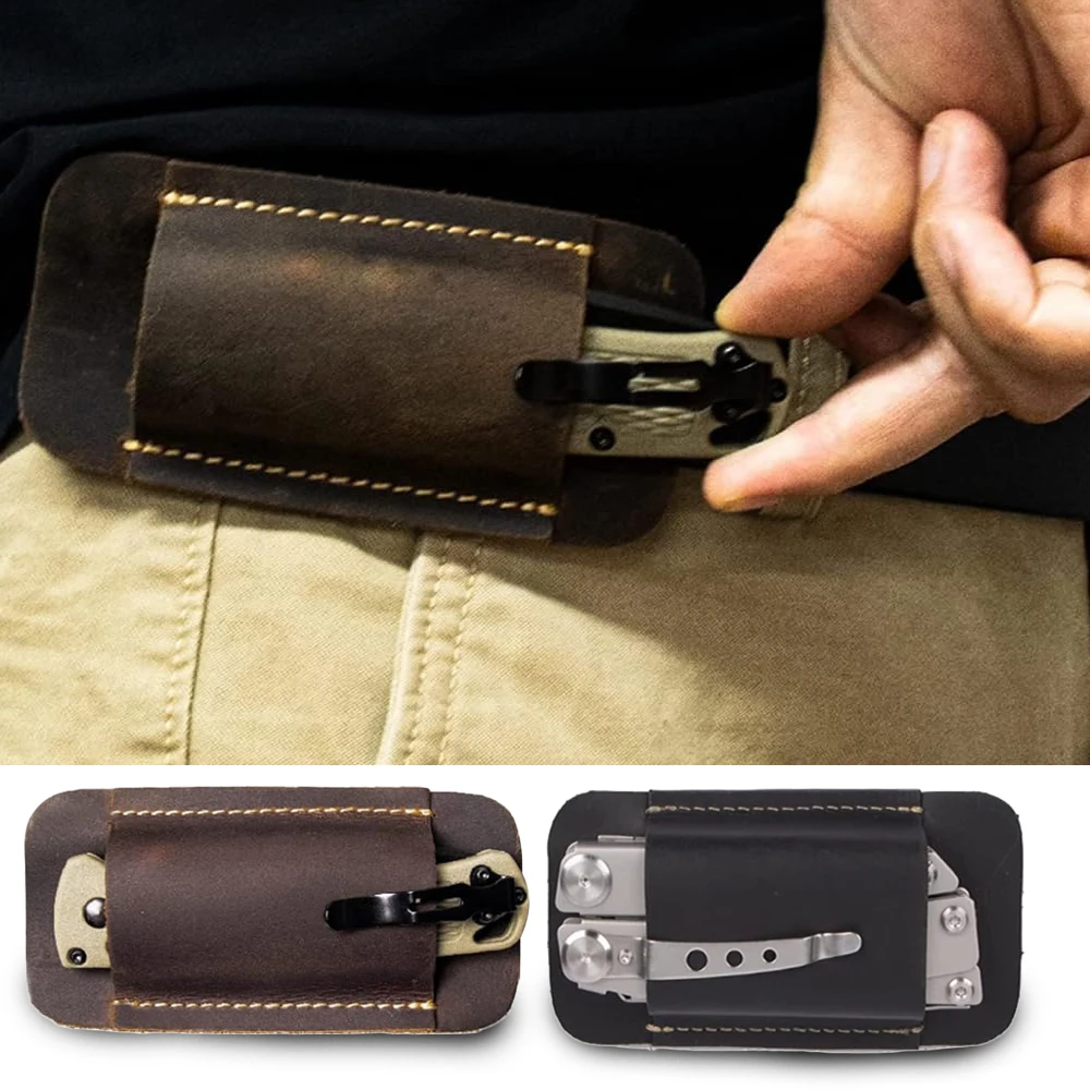 Cowhide Knife Pouch, Folding Pocket Knife Holder 5 Inch Blade Compact Draw Carrier Holster for Belt(Without Knife)