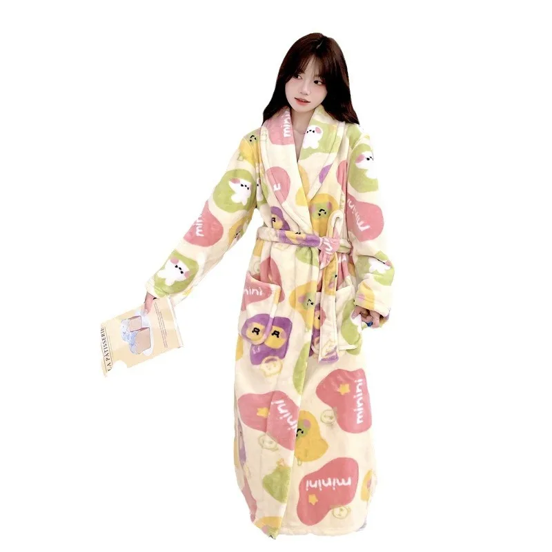 2024 Autumn Winter New Flannel Nightwear Loose Kimono Robe Sweet Homewear Women Warm Robes Long Sleepwear Loose Loungewear