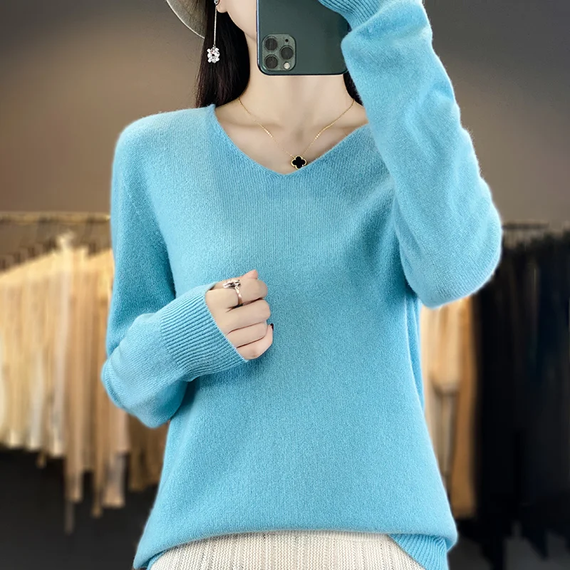 New 100% Pure Wool Long-Sleeved V-Neck Sweater For Women In Autumn And Winter Loose Pullover Knitted Bottoming Shirt