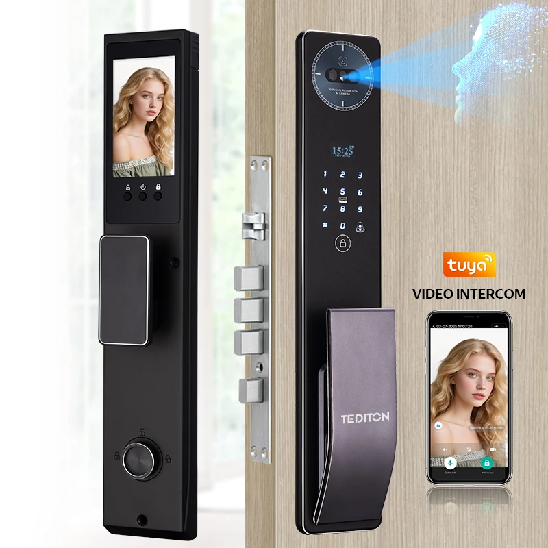 Tediton Video Digital Fingerprint Face Palm Vein Smart Door Lock with Tuya Wifi Inteligente Biometric Smart Lock for Wood Door