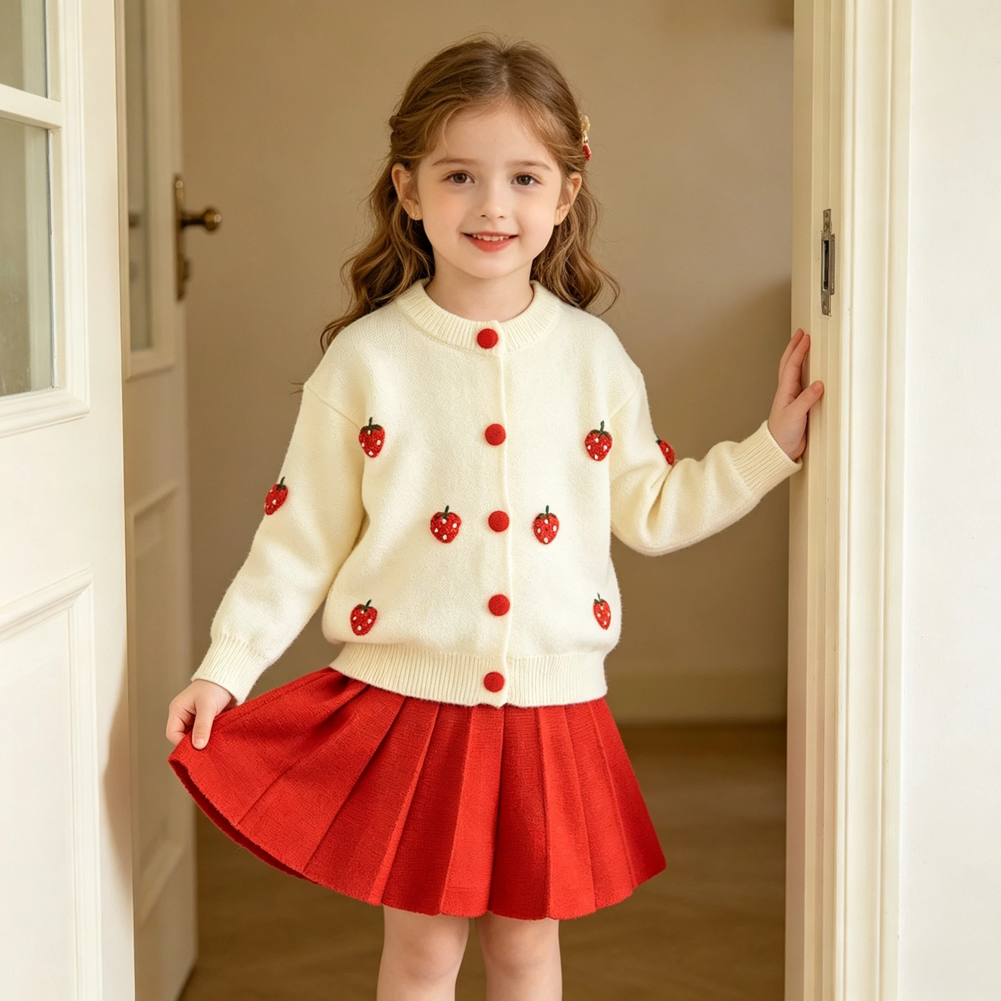 Children Sweet Cute Style Multi‑floral Embellishments Candy Color Knitted Cardigan Dress Two‑Piece Set For Daily Casual Outfit