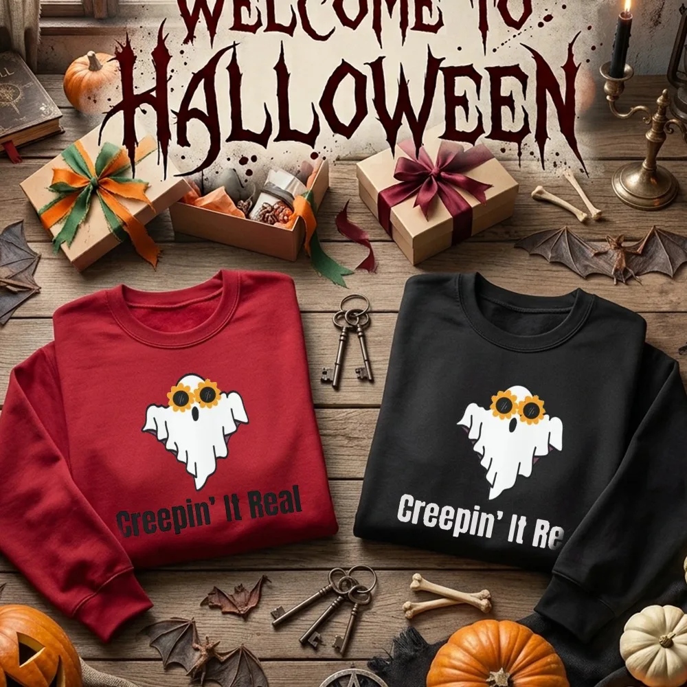 Funny Creepin It Real Halloween Sweatshirt Women Cute Ghost Sunflower Glasses Graphic O-neck Pullover Fall Casual Tops Clothes