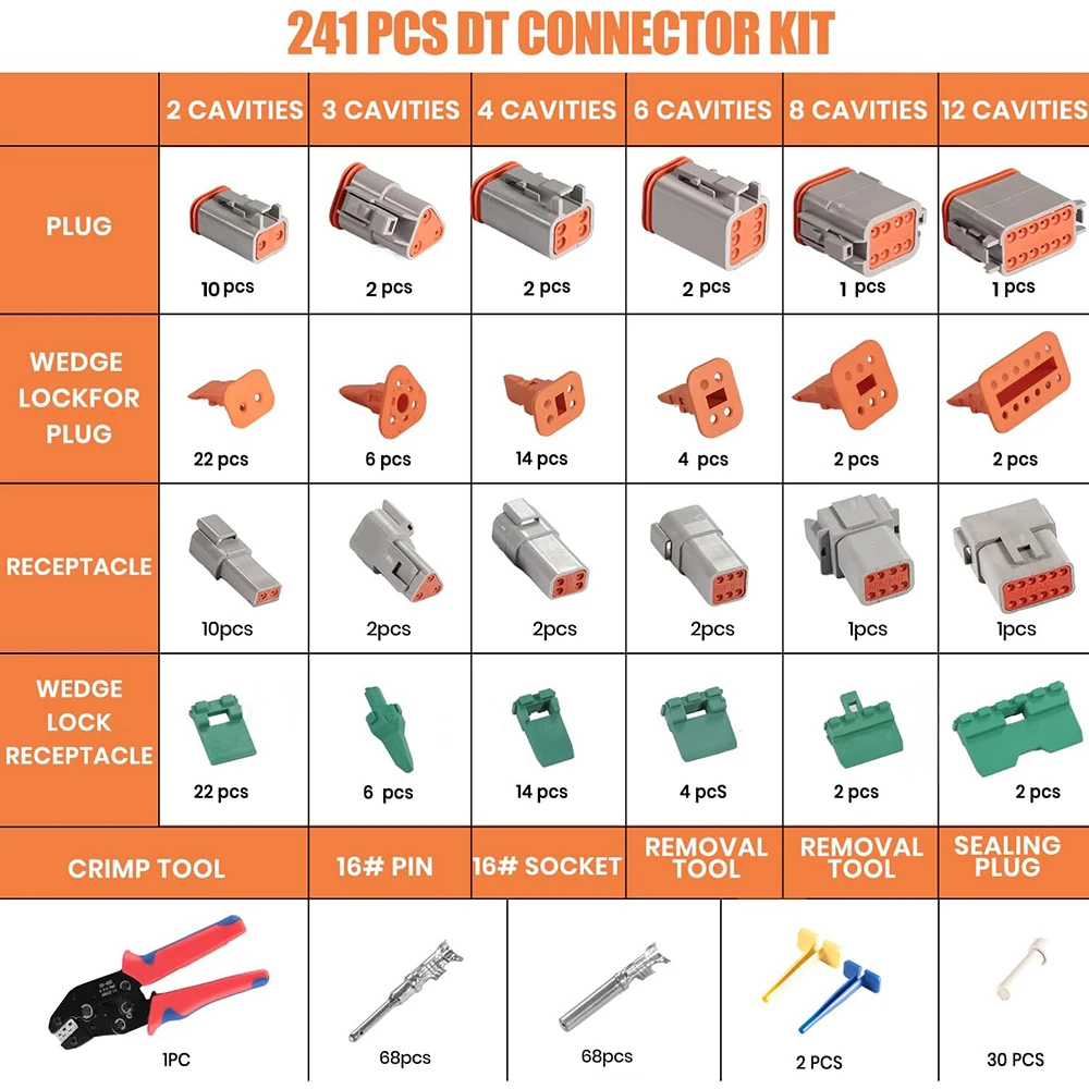 240PCS 18 Kits DT Deutsch Connectors Kit,Wire Crimping Tool,16 Stamped Contacts for 14-18 AWG Automotive Wiring 2/3/4/6/8/12 Pin