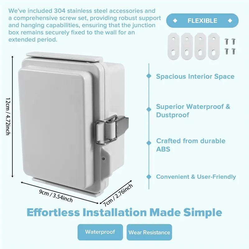 A84E-Outdoor Electrical Junction Box ABS Plastic & Hinged Cover Stainless Steel Latch IP67 Waterproof For Electrical Projects