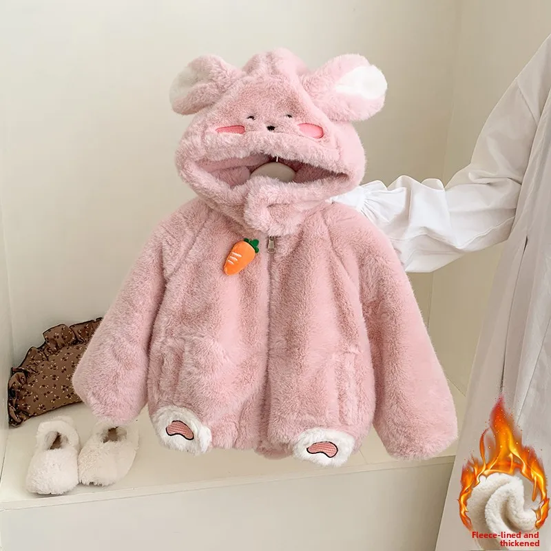 

Утепленная детская куртка с милым дизайном из кроличьего меха, зимнее пальто для маленьких девочек, корейская детская одежда