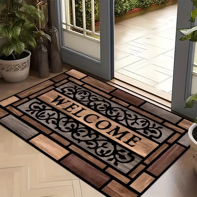 Tapis d'entrée antidérapant et absorbant en flanelle à motif grain de bois pour la décoration de la maison, 60x90cm