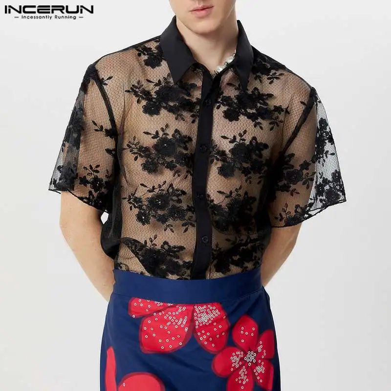 INCERUN Men Shirt Lace Patchwork Lapel Short Sleeve Transparent Men Clothing Streetwear 2024 Summer Sexy Fashion Camisas S-5XL