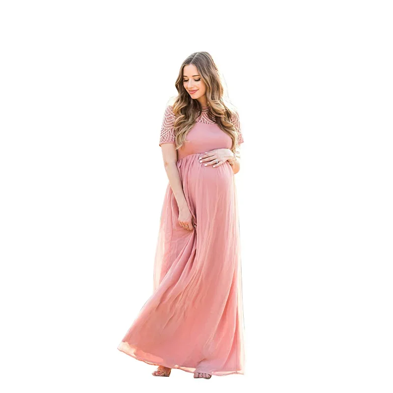 Maternity\'s Dress Pregnancy Photography Props Dusty Pink Long Chiffon Elegant Pregnant Women Clothes Lace Dresses