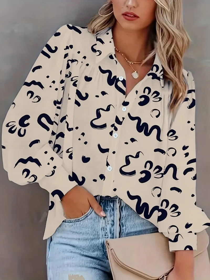 

Плюс размер 1XL-5XL женская повседневная рубашка с длинными рукавами и лацканами с геометрическим узором и пуговицами