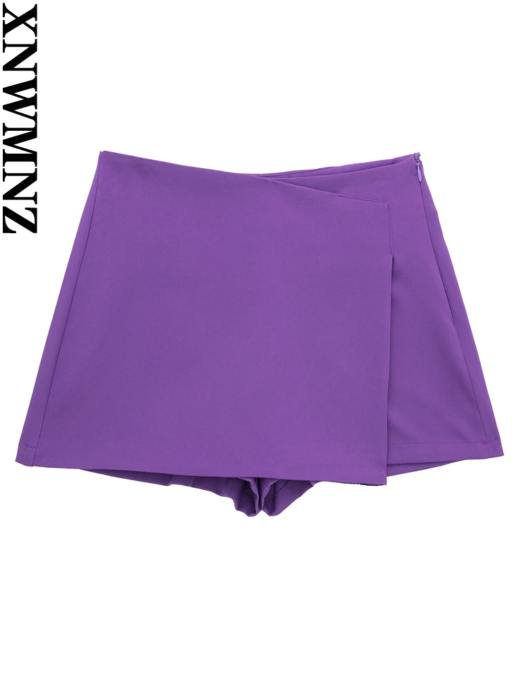 XNWMNZ 2022 Women Fashion Asymmetrical Skort Woman Retro High Waist Side Zipper Skort Casual Bermuda Female Chic Shorts