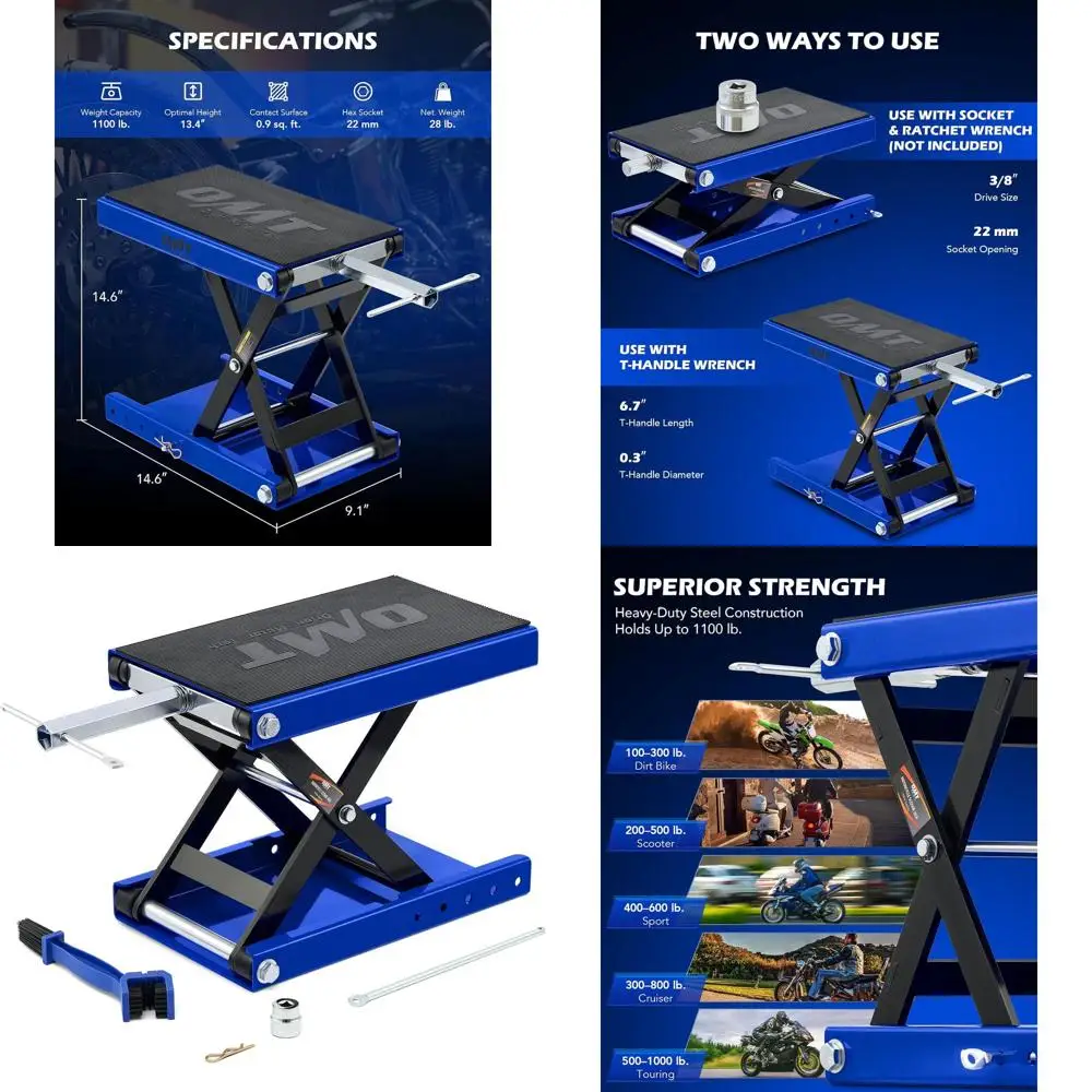 

Motorcycle Lift, 1100lb Motorcycle Scissor Lift Jack with Wide Deck T Handle 3/8" Socket, Motorbike Center Stand with Chain Brus
