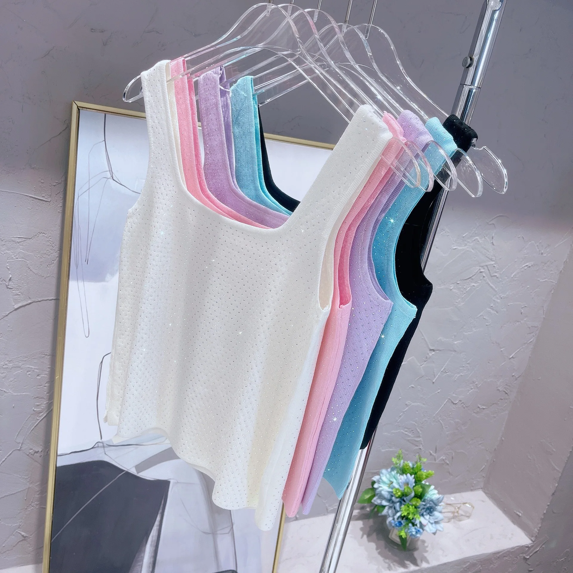 Shiny Diamond Full Body Square Collar Vest Ice Silk Knitted Camisole Women Sweet Candy Color Stretch Slim Fit Crop Top Female