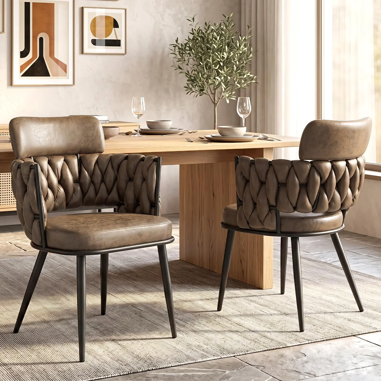 Hand-Woven Dining Chairs Set of 2, Upholstered Luxury Faux Suede Dining Room Chairs with Ergonomic Curved Back, Retro
